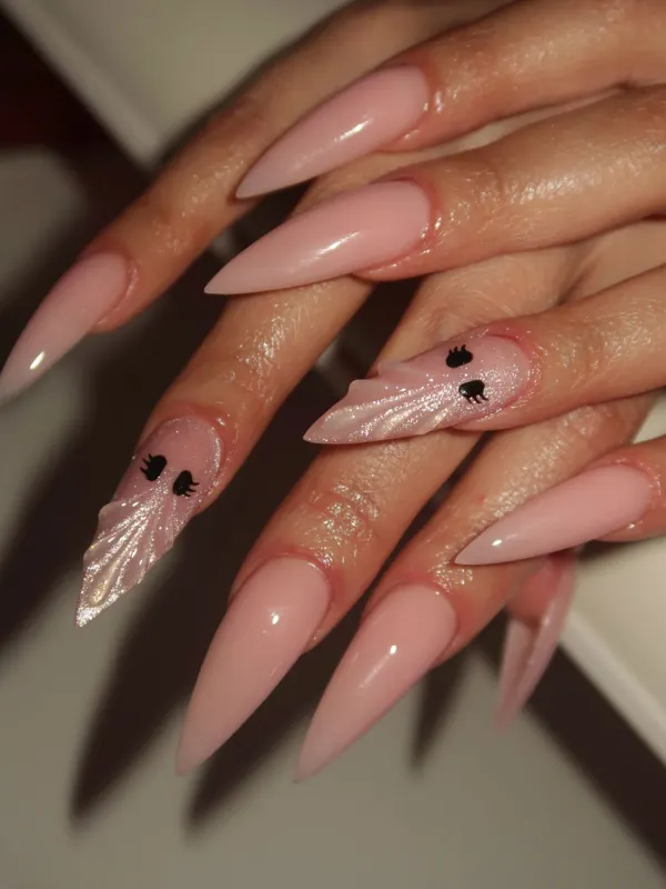 Long pink stiletto set with 3D accents by Nailed By Yvonne