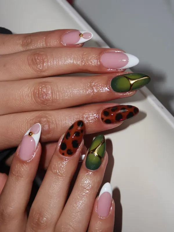 Leopard and olive almond set with white French by Nailed By Yvonne