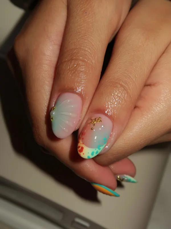 Hand-painted tropical almond set with 3D florals by Nailed By Yvonne